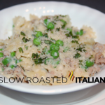 cheesy farfalle with turkey and peas plated