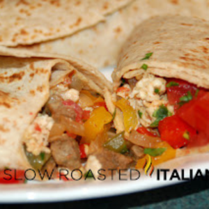 Tex-Mex breakfast burrito with pepper and onion