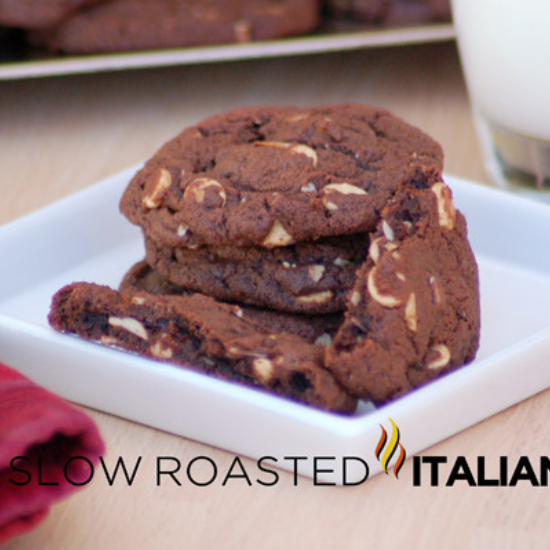 stack of double chocolate almond cookies