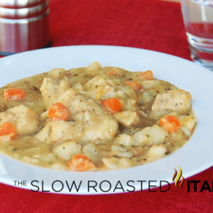 bowl of chicken stew and dumplings