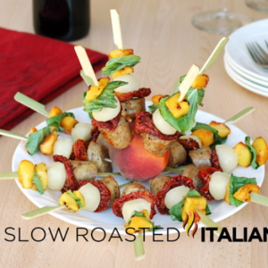 peach basil caprese sausage skewers on a plate