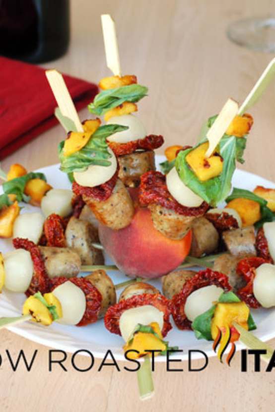 Grilled Peach Basil Caprese Sausage Skewers