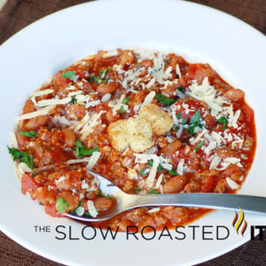 italian chili in white bowl with spoon