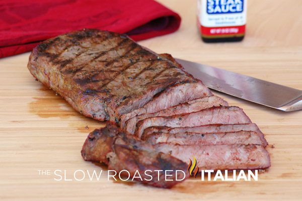 grilled steak, cut in slices