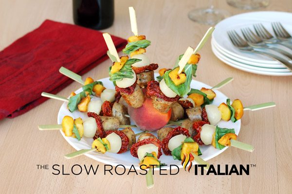 peach basil caprese sausage skewers