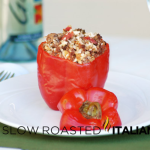 light greek stuffed pepper on white plate