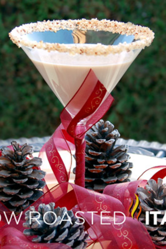 toasted almond cocktail in a martini glass.