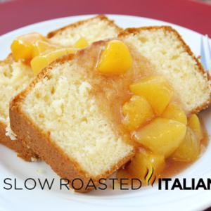 slices of butter cake with peach sauce