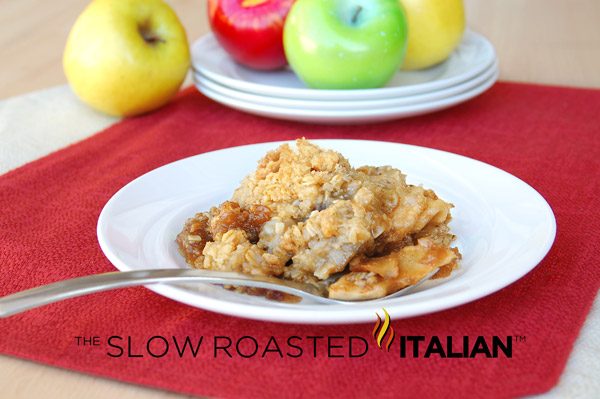 homemade apple crisp on white plate.