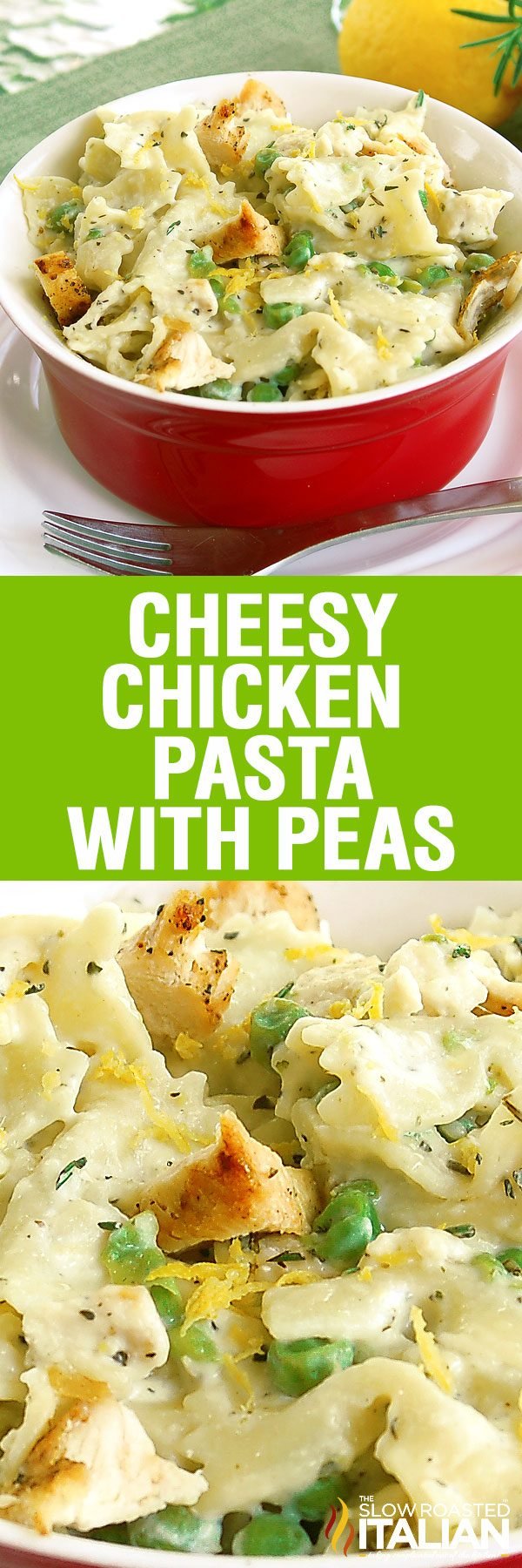 Rich and creamy cheese sauce over farfalle pasta with peas and chicken. Dinner doesn't get much more simple or delicious. With a secret ingredient, that really makes the flavors pop this is going to be your new favorite.