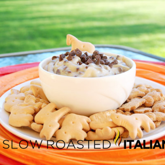 chocolate chip cookie dough dip in bowl with animal crackers