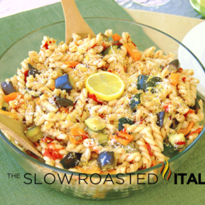 lemon roasted vegetable pasta in bowl