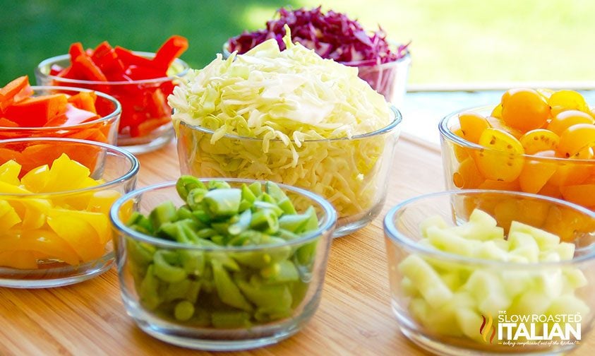 coleslaw recipe ingredients in small bowls
