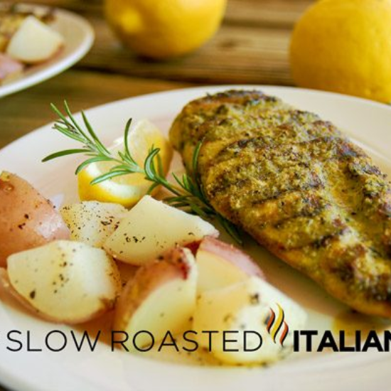 plate of Simple Rosemary Lemon Marinade and Grilled Chicken with potatoes