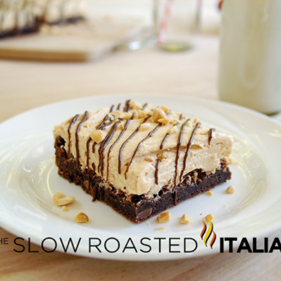 peanut butter fudge chocolate brownie on plate.