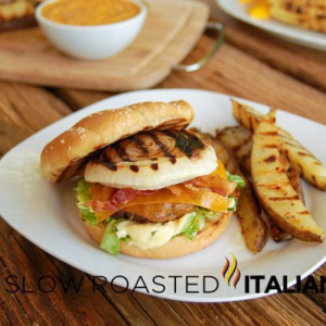 plate of The Suburban Cheeseburger with fries