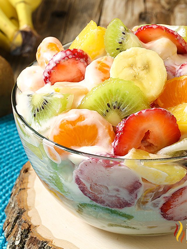 Hawaiian cheesecake salad in glass bowl