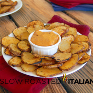 grilled potato chip slices on plate with dip