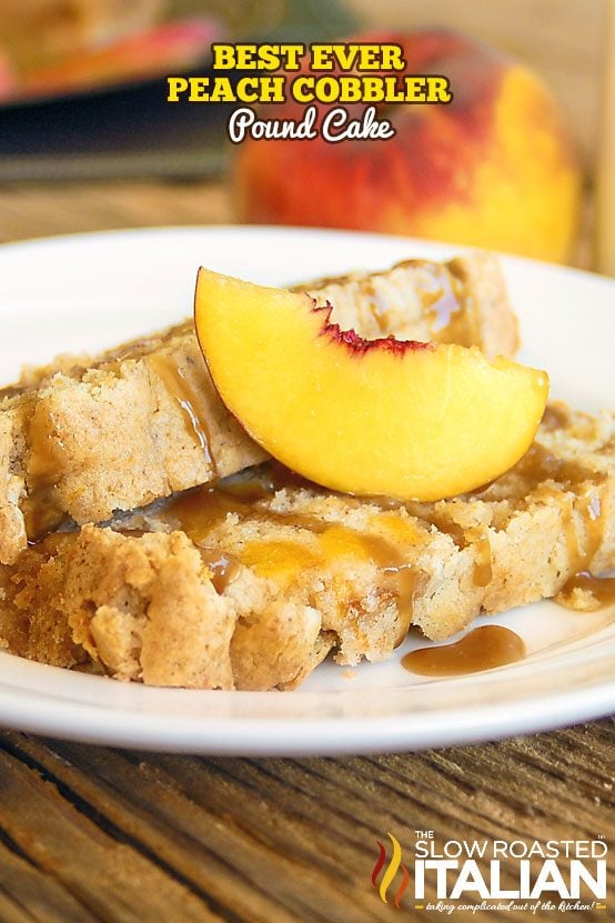 slice of peach cobbler cake on a plate with fresh peach slice