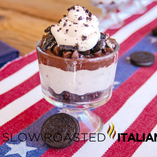 Oreo cookies and cream trifle in a dessert dish