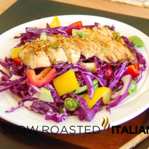 sweet summer asian chicken salad on white plate