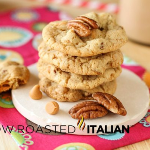 stacked butterscotch pecan cookies on a white plate