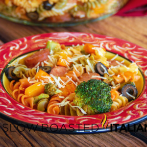 bowl of smoked sausage pasta and vegetable skillet