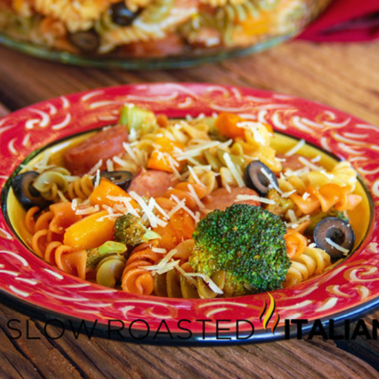 bowl of smoked sausage pasta and vegetable skillet