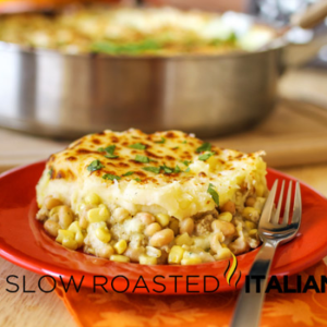 tuscan chicken shepard's pie on red plate