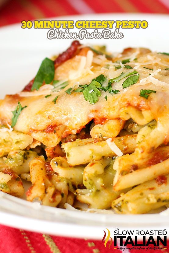 cheesy pesto and chicken pasta bake