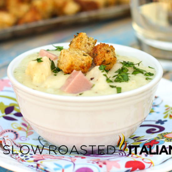 chicken cordon bleu soup in bowl with toppings