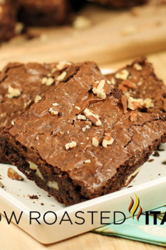 chocolate pecan brownie on linen napkin.s