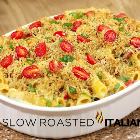 Italian pasta bake in casserole dish