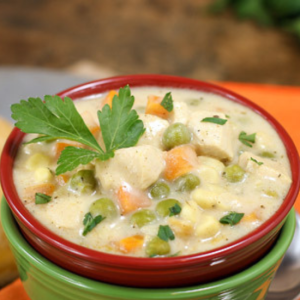 chicken pot pie soup in bowl