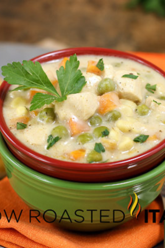 chicken pot pie soup in bowl