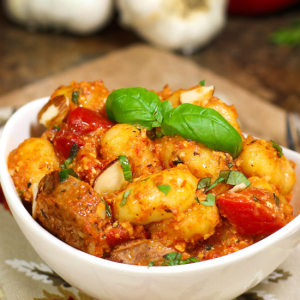 sausage and gnocchi in a bowl