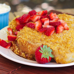 corn flake crusted french toast on plate