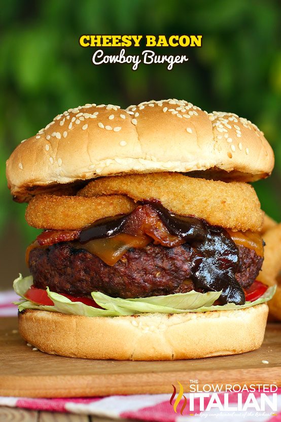 cowboy burger topped with fried onion rings bacon and bbq sauce