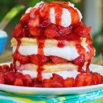 stack of strawberry shortcake pancakes