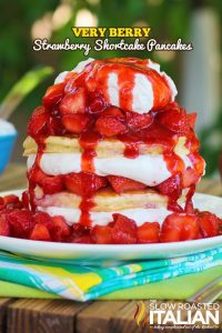 stack of strawberry shortcake pancakes