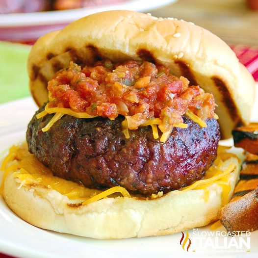southwestern cheesy stuffed burger with toppings on a bun