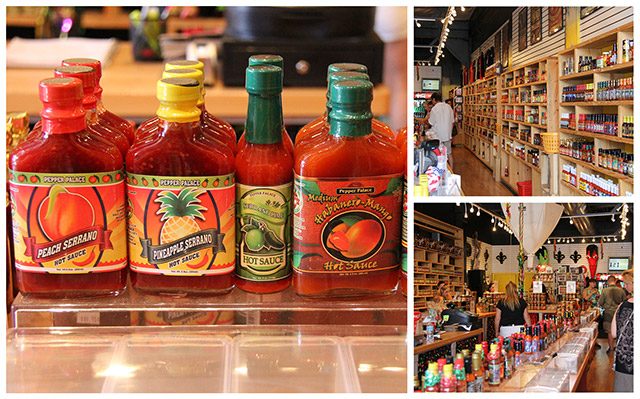 bottles of hot sauce on shelves at The Pepper Palace.