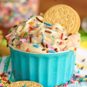 bowl of 5 minute funfetti sugar cookie dough dip