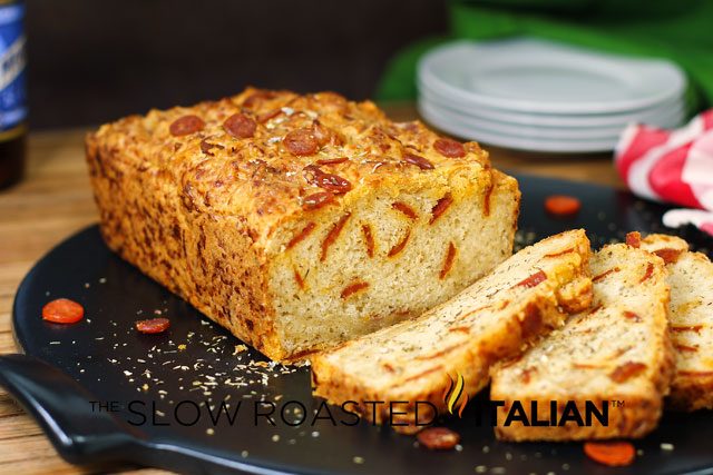 Cheesy Pepperoni Pizza Beer Bread close up