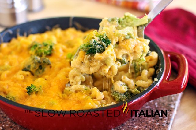 easy skillet meals: broccoli mac and cheese in red enameled cast iron skillet