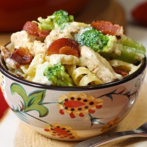 Bowl of Chicken Alfredo with Bacon, Fettucine and Broccoli