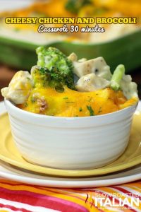 cheesy chicken and broccoli in white bowl