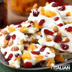 Plate with slices of Fruit Jeweled White Chocolate Bark