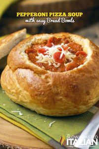 pepperoni pizza soup in bread bowls