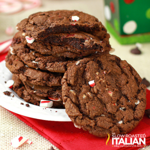 stack of chewy chocolate candy cane cookies